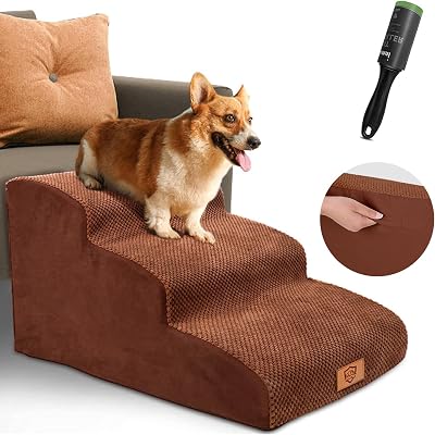 Kphico Sturdy Dog Stairs and Ramp for High Beds Or Couches,Durable High Density Foam Pet Steps 3 Tiers,Non-Slip Dog Ramp for Small Dogs and Injured Cats,Make Your Pets Get to Your Bedside Easily