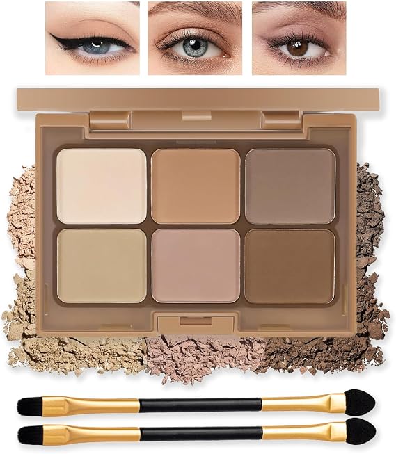 6 Colors Nude Eyeshadow Palette – Highly Pigmented Matte Neutral Shades, Waterproof, Long-Lasting, Blendable – Smokey Bronze Eye Makeup Kit with Brushes for All Skin Tones
