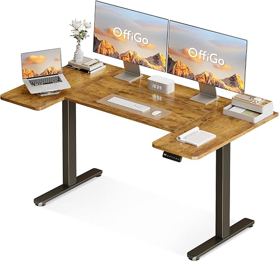 OffiGo Height Adjustable Desk, U Shaped Standing Desk with 3 Memory Presets | 140×70cm Electric Sit Stand Desk, Ergonomic Wrap Around Computer Table, Ultra Quiet Motor for Home Office Living Room, Brown