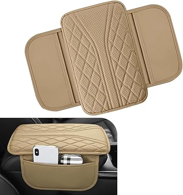 Car Center Console Cover, Leather Auto Armrest Cover with 2 Storage Bags, Universal Cars Armrest Cushion, Vehicle Interior Accessories Protector for Sedan, SUV, TruckBeige