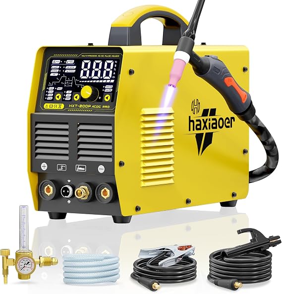 HAXIAOER 200A AC DC TIG Welder with Pulse, [Large LED Display] 6 In 1 Aluminum TIG Welder With AC Pulse TIG/AC TIG/DC Pulse TIG/HF TIG/ARC/Spot TIG, 220V