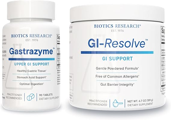 Biotics Research Gastrazyme & GI Resolve Digestive & Gut Lining Support Vitamin U, Chlorophyllins, Gamma Oryzanol, L-Glutamine, Zinc Carnosine & Botanicals Gastrointestinal Health- 90 tab + 6.7oz