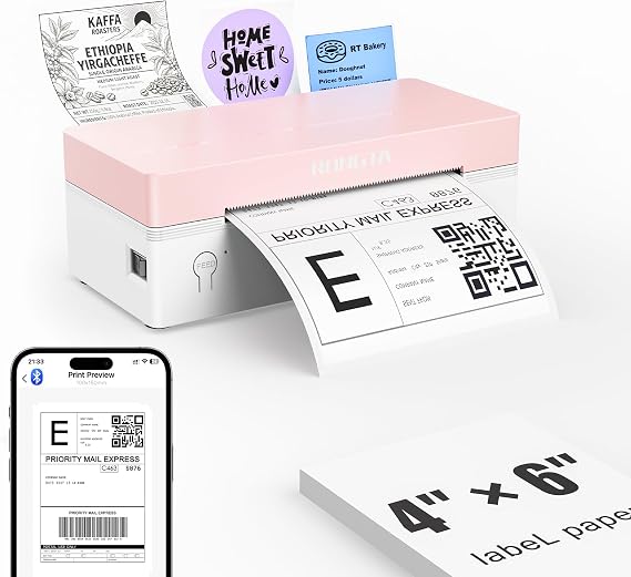Rongta 4x6 Bluetooth Thermal Label Printer, Wireless Shipping Label Printers for Shipping Packages Small Business Office or Home, Compatible with iPhone Android iPad macOS Windows, Pink