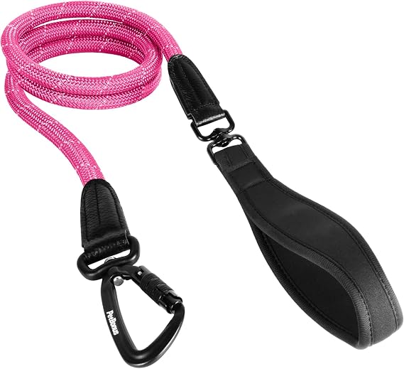 PetBonus Rope Dog Leash, 5 FT Heavy Duty Pet Nylon Leash with Auto Locking Aviation Aluminum Carabiner, Comfortable Padded Handle, Reflective Walking Training Lead for Medium Large Breeds (Pink)