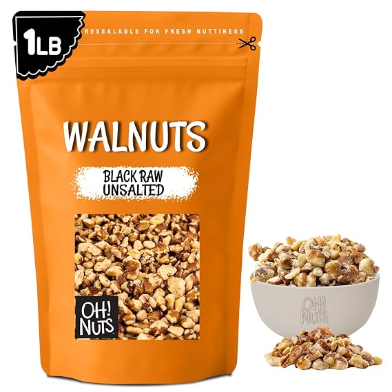 Oh! Nuts Black Raw Shelled Unsalted Walnuts, Fresh Chopped, 1 lb Bulk Bag