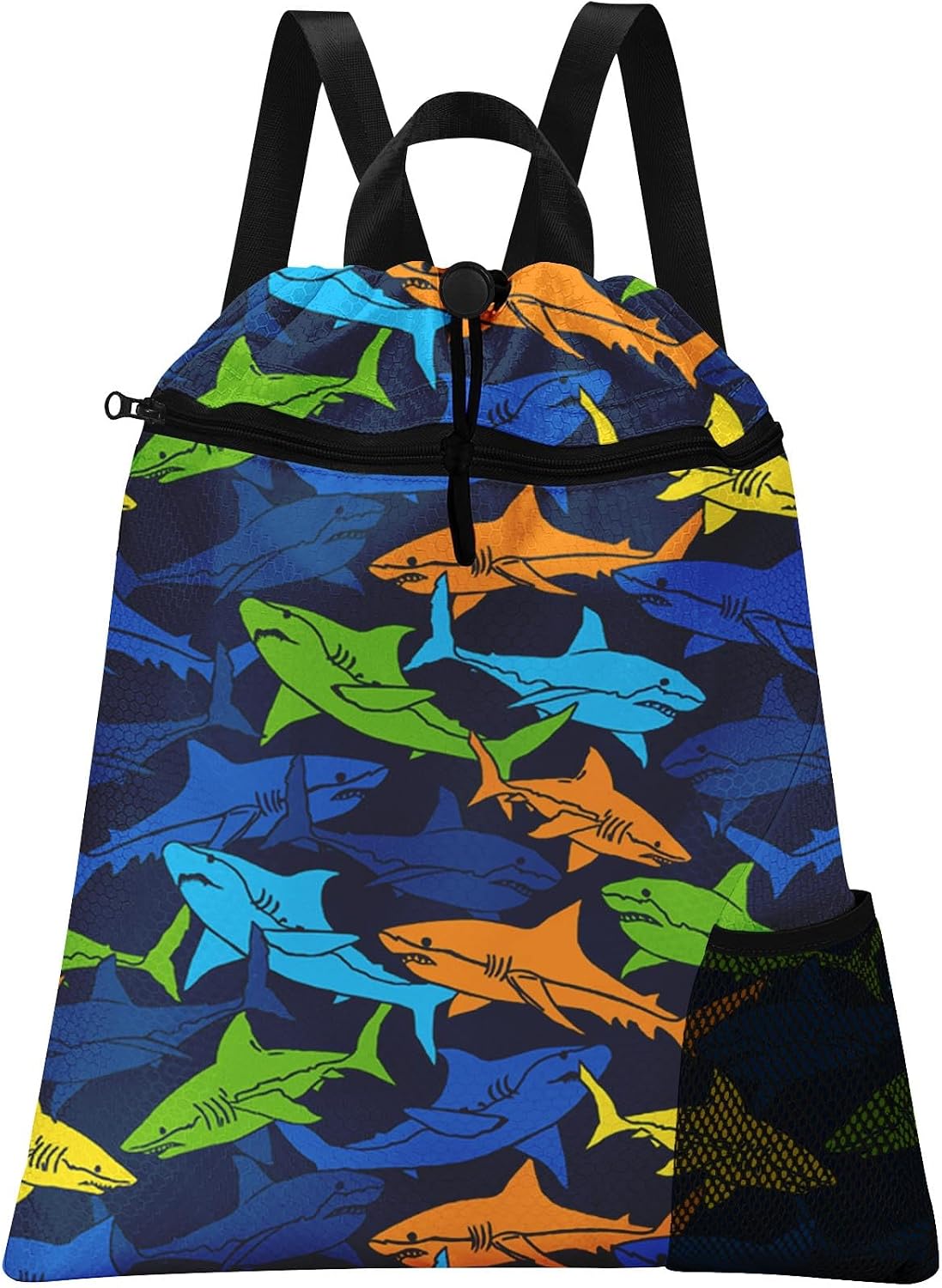 Shark Drawstring Backpack, 15” x 17” Waterproof Swim Bag for Beach Swimming Pool, Lightweight Foldable Gym Bag with Water Bottle Holder for Sports Travel