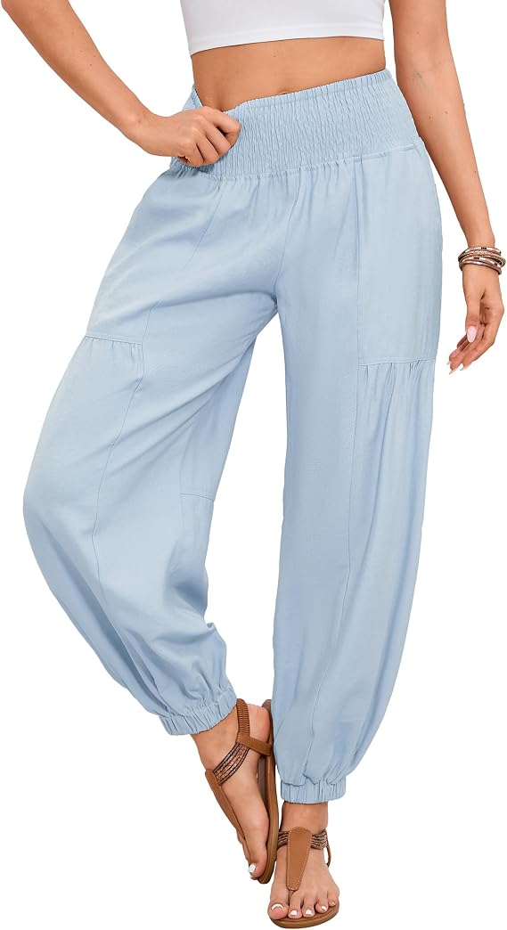 Yesfashion Women's Smocked Waist Harem Pants High Waist Loose Casual Lounge Trousers with Pockets