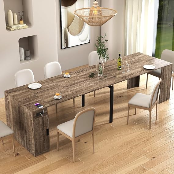 Large Extendable Dining Table with Outlet for Kitchen, Storage Folding Dining Table for 8-12, Modern Space Saving Table for Living Room (Brown 118" W with Storage)