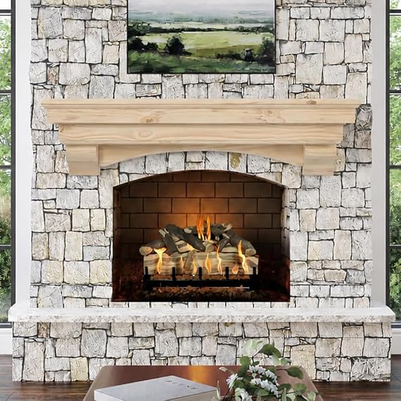 MANTELSDIRECT Mantels Direct Salem Wood Mantel Shelf with Arched Corbels - Unfinished 72 Inch | Wooden Rustic Wall Mounted Shelf from Pine Wood - Perfect for Fireplaces, TVs & Decor