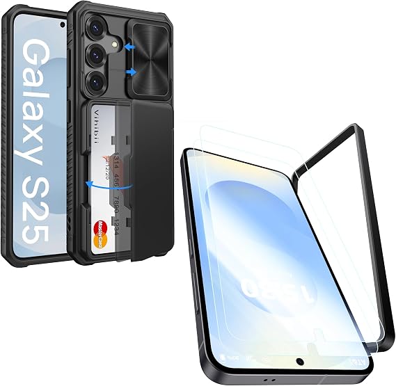 Vihibii for Samung Galaxy S25 Case with Card Holder & Screen Protector [2 Pack] & Slide Camera Cover, Bulit-in 9H Hardness & HD Tempered Glass Film with Easy Installation Tool 6.2", Black