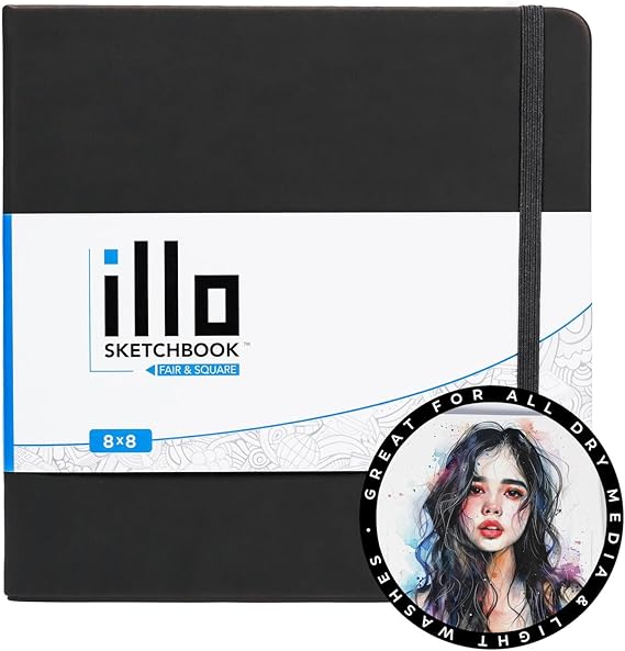 illo Sketchbook 8 x 8 Square Hardcover Sketch Book, (112lb/180gsm) Heavyweight Paper, Ribbon Marker, Back Pocket, Lays Flat, Minimal Bleed, Vegan, for Artists & Beginners