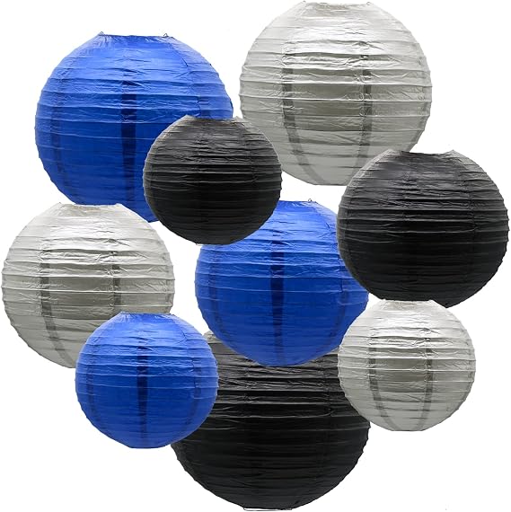 9-Pack Navy Blue, Silver & Black Paper Lanterns Party Decorations | Round Foldable Set in 3 Sizes with Metal Frames for Graduation, Wedding, Birthday, Retirement & Bachelorette Event