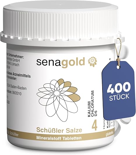 Senagold Schüssler Salts No. 4 - Potassium chloratum D6 - 400 Tablets - The Salt of Mucous membranes - Gluten & Alcohol Free - Made according to Homeopathic Pharmacopoeia in Germany