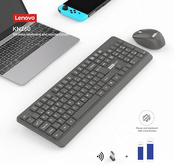 Lenovo KN260 Sessiz Kablosuz Klavye Mouse Seti - Koyu Gri, 2.4GHz Wireless, Mini Tek USB Alıcı (Wireless Silent Keyboard & Mouse Set)