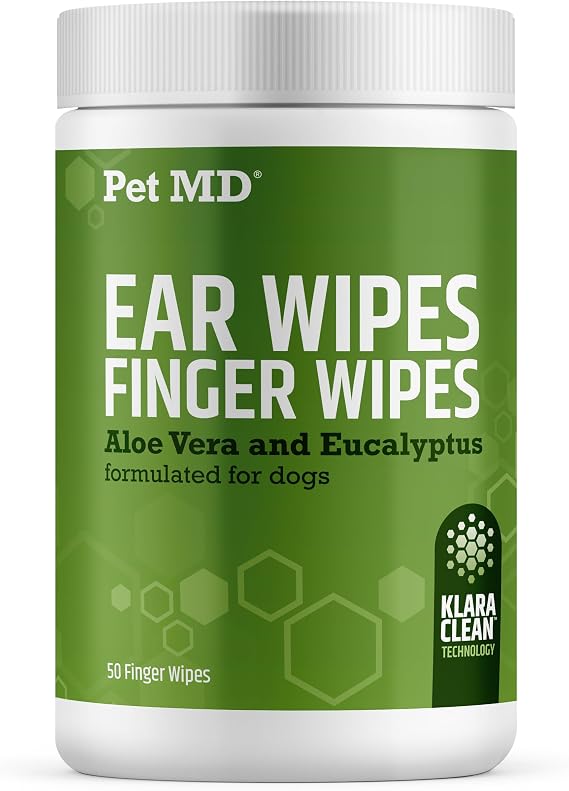 Pet MD Dog Ear Finger Wipes - with Eucalyptus & Aloe Vera for Dogs - 50 ct | Extra-Coverage and Large Design - Alcohol-Free Pet Ear Cleaning Finger Wipes to Remove Dirt, Debris, and Wax