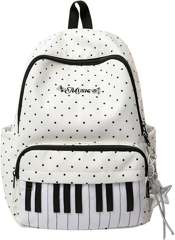 TIAASTAP Polka Dot Backpack Cute School Bags for Girls Aesthetic Piano Design School Backpack Preppy Bookbag for Teenage College Primary Secondary Middle (White)