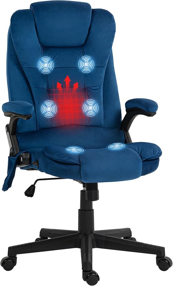 HOMCOM Executive Office Chair 6 Points Vibration Massage Velvet Drak Blue