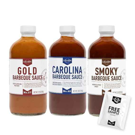 Lillies Q - Barbeque Sauce Variety Pack, Gourmet BBQ Sauce Set, Made with Gluten-Free Ingredients, Includes Carolina BBQ Sauce (20 oz), Gold BBQ Sauce (19 oz) & Smoky BBQ Sauce (20 oz) | 3-Pack