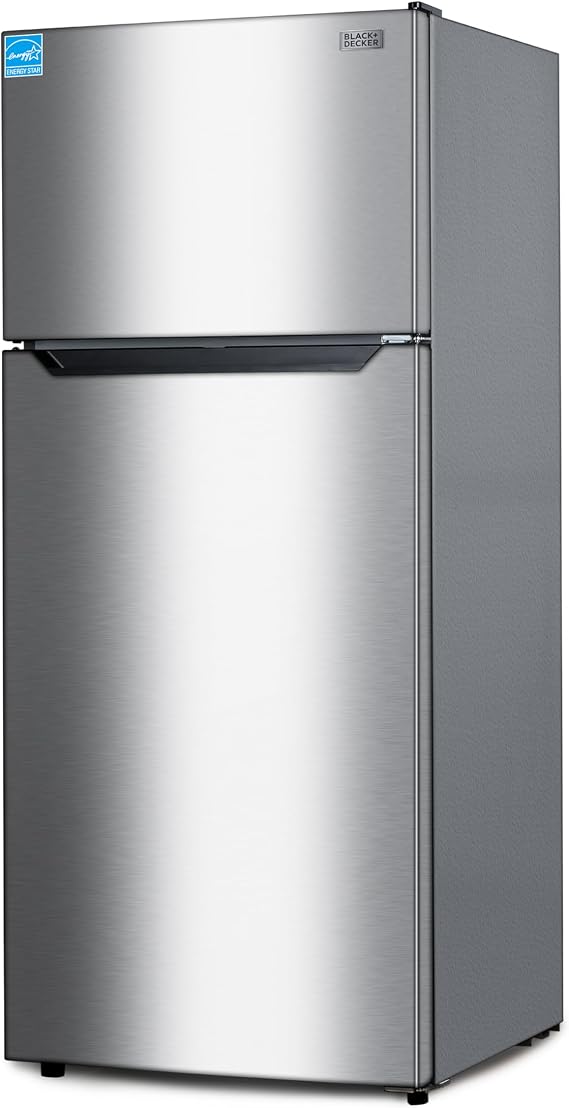 BLACK+DECKER 14.6 Cu. Ft. Top Mount Refrigerator with Freezer, 2 Door Refrigerator with Top Freezer and Adjustable Temperature Control, ENERGY STAR, BR1460HS, Stainless Steel Look