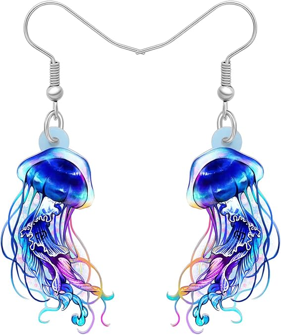 BONSNY Cute Acrylic Blue Ocean Shine Jellyfish Earrings Sea Animals Dangle Gifts for Women Jewelry Accessories
