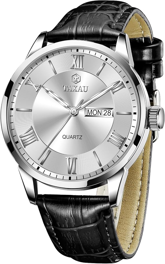 Taxau Men's Watch Leather Men's Watch Leather Strap Watches Men's Large Dial Day Date Men's Watch Waterproof Watch Casual Business Watch for Men