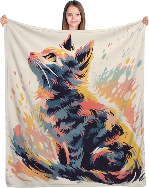 Cat Blanket, Cute Cat with Curious Eyes Throw Blanket, Cat Gifts for Girls Boys, Kawaii Cat Vintage Style Colorful Art Blankets, Soft Plush Cat Fleece Blanket for Kids,50"x40"