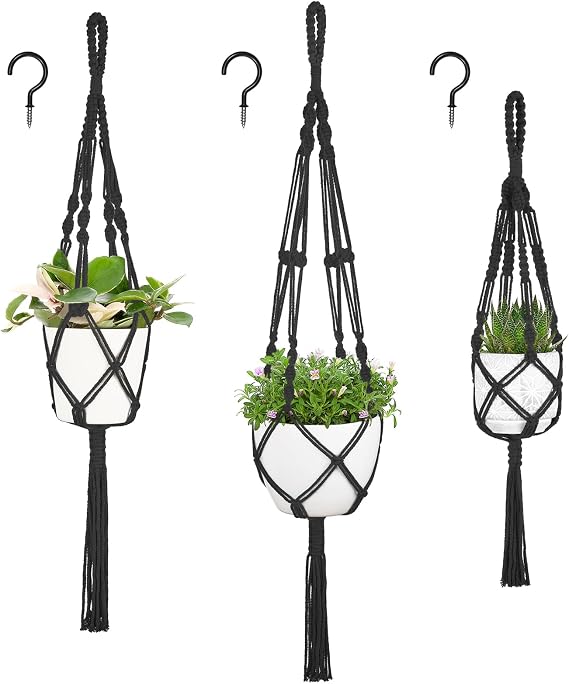 Mkono 3 Pack Macrame Plant Hangers, Different Sizes Hanging Planters Indoor Basket Decorative Flower Pots Holder Stand Boho Home Decor, Black
