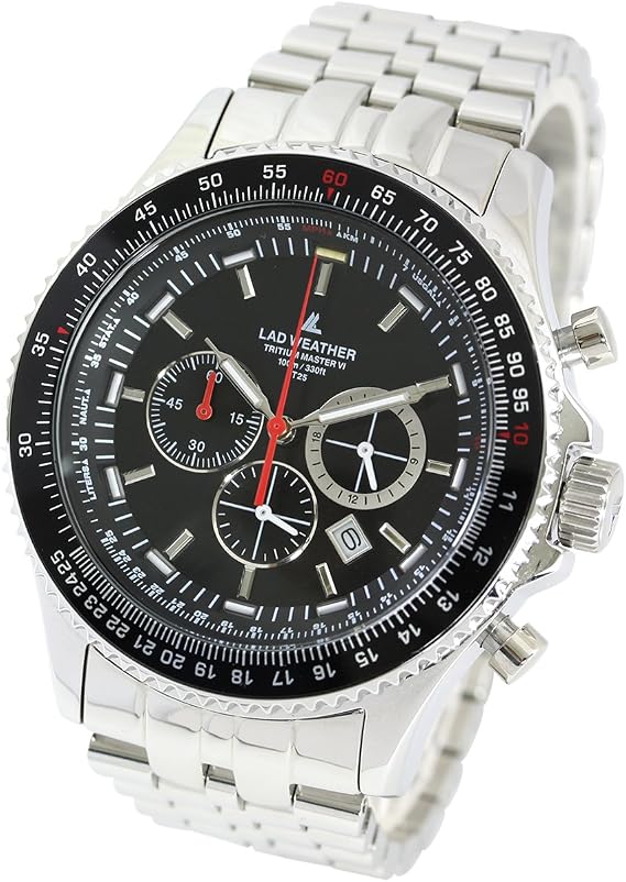 LAD WEATHERMen's Watch Swiss Tritium Chronograph 100m Waterproof Pilot Watch, Black, Bracelet Type
