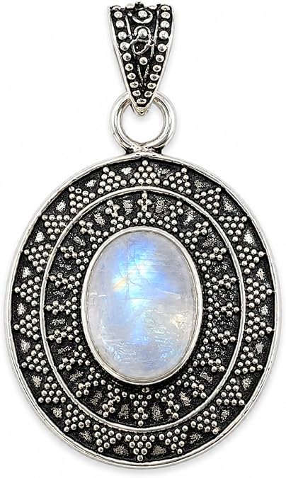 Natural Blue Fire Moonstone Gemstone Oval Pendant For Women and Men, 925 Silver Plated Filigree Fashion Jewelry, Tribal Ethnic Boho Designer Pendant