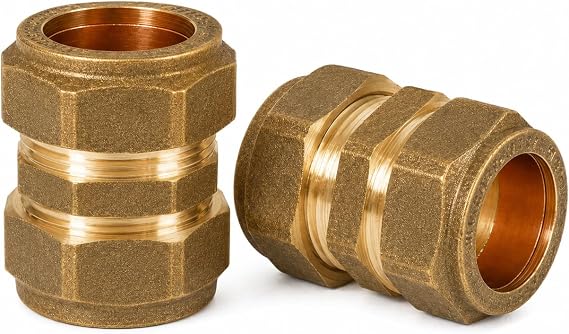Pipestation 15mm Brass Compression Equal Couplers, Straight Connectors for Copper Pipe, Solder-Free Plumbing Fittings for Repairs and Extensions, 2 Pack