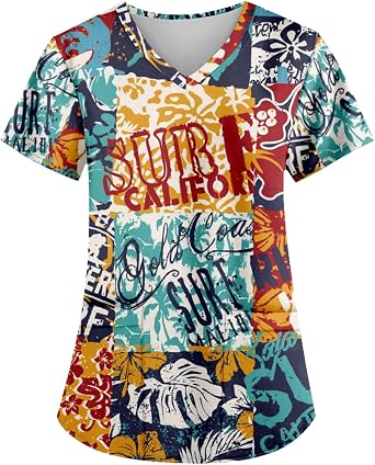 AMOMA Women Mid-Century Vintage Pattern Nurse Tops with Two Pockets V-Neck Short Sleeve Scrub Shirts