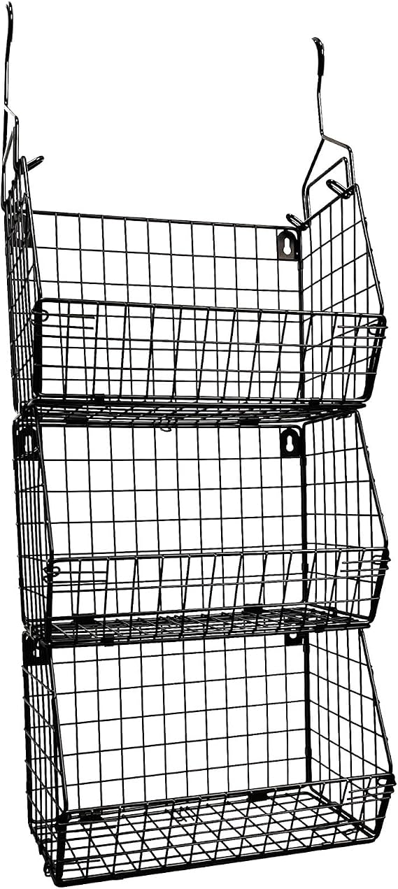 3 Tier Hanging Foldable Wire Baskets Closet Organizer Shelf with Clothes Storage Wall Mount or Countertop Caddy Bin for Clothing Handbags Snacks Drinks Fruits