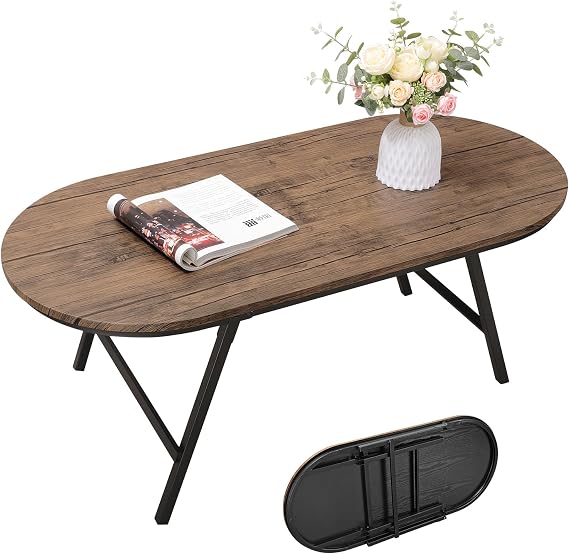 Folding Coffee Table for Small Spaces Wood and Metal Oval Coffee Tables No Assembly Low Coffee Table for Living Room, Home, Office, Light Brown