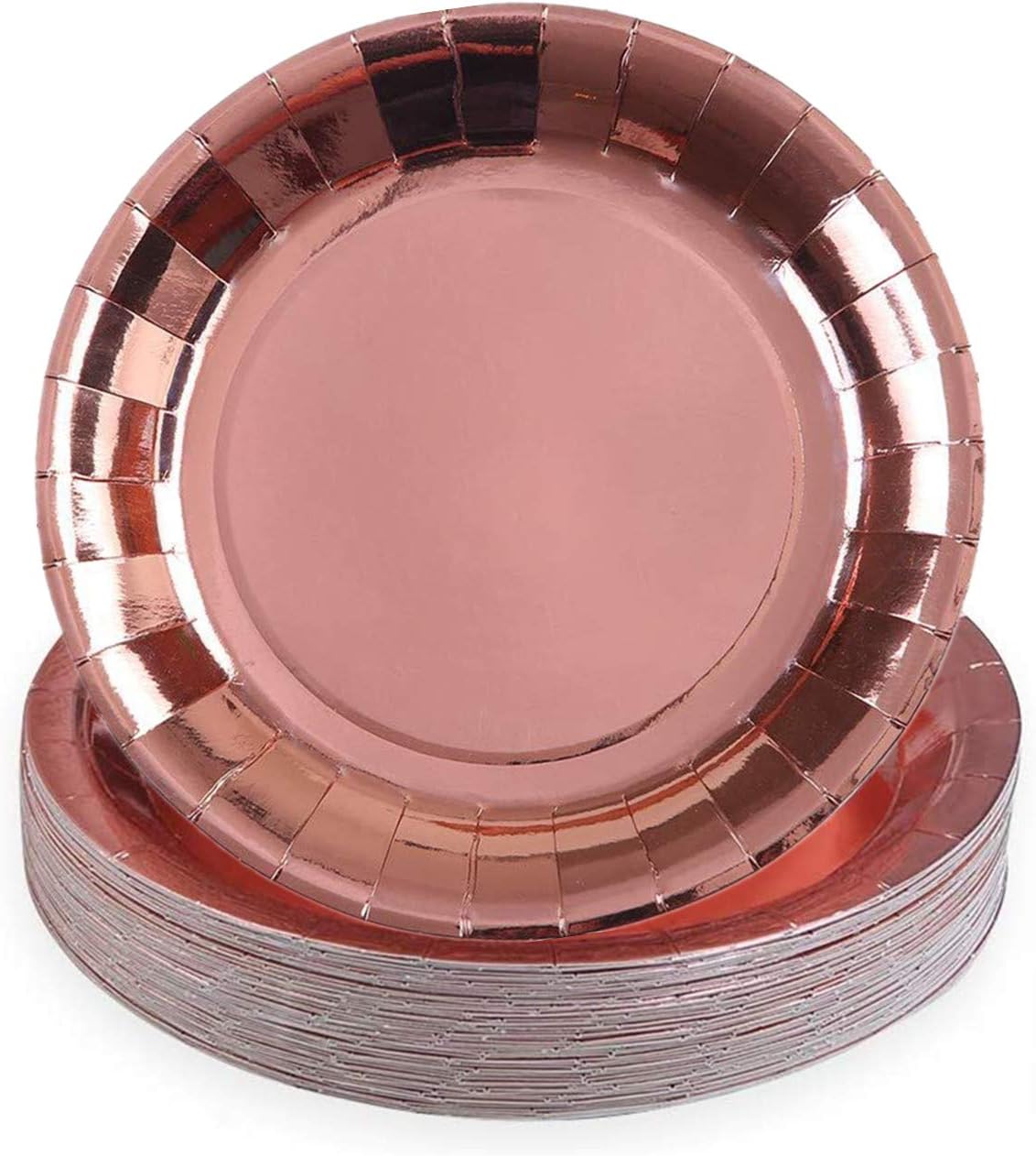 TOPWAYS Rose Gold Birthday Decorations Paper Plates, 9inch Disposable Paper Party Plates Tableware Supplies for Girls Women Birthday Party, Wedding, Picnics, Anniversary Decorations, Pack of 48