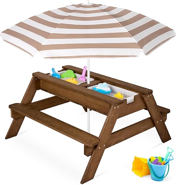 Best Choice Products Kids Picnic Table with Umbrella, 3-in-1 Sand & Water Table, Outdoor Convertible Picnic Table for Toddlers, Seats 4, Removable Top, 2 Buckets - Beige