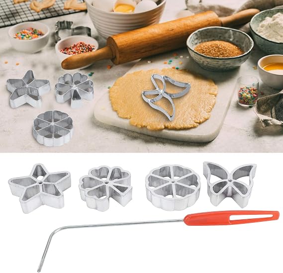 mumisuto Rosette Iron Set with Handle, Cake Printing Pastry, 4 Shapes Waffle Molds Set Cookie Pastry Mold Biscuit Dessert Maker Baking Accessories Star Butterfly Snowflake and Leaf for Biscuit Lovers