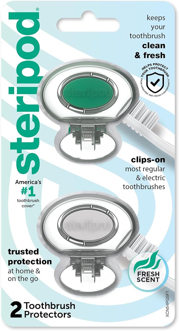 Steripod Clip-on Toothbrush Protector, Green/Silver, 2 Count