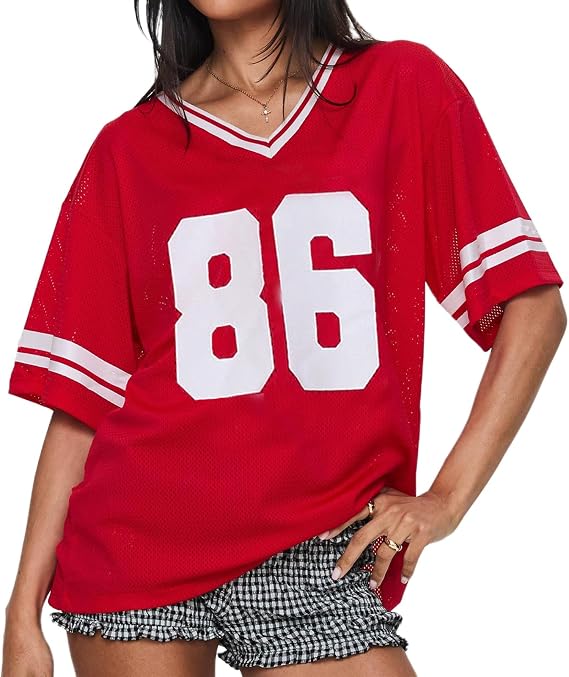 Women Y2k Oversized Jersey Summer Top Number Graphic Tee T-Shirt V Neck Short Sleeve Sport Casual Shirts Streetwear