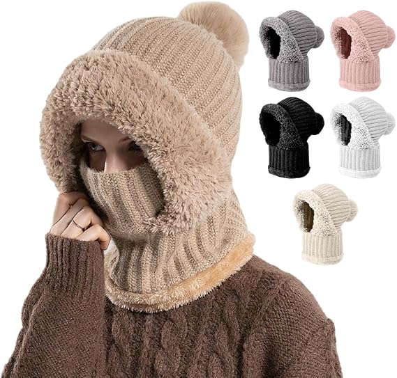 Women's Knitted Hat in Autumn and Winter, 2026 New 3 in 1 Winter Cold Resistant Hat Face Mask Hooded Scarf