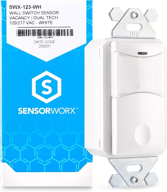 Occupancy Motion Sensor in-Wall Switch, SWX-123-WH, Dual Tech PIR & Acoustic, Manual On (Vacancy Mode), 120/277V, 800W/1200W, 1-Pole, No Neutral, White, Made in USA