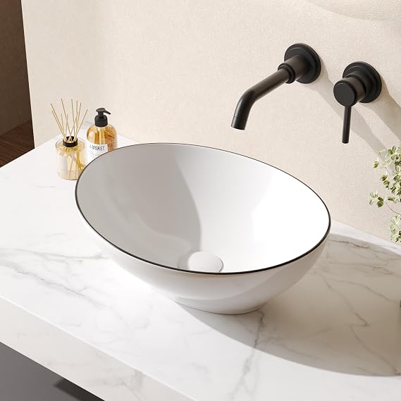 DeerValley Oval White Ceramic Vessel Basin - Modern Egg Shape Above Counter Bathroom Vanity Bowl, Porcelain Bathroom Vessel Vanity Basin Art Basin with Black Rim, DV-1V0333