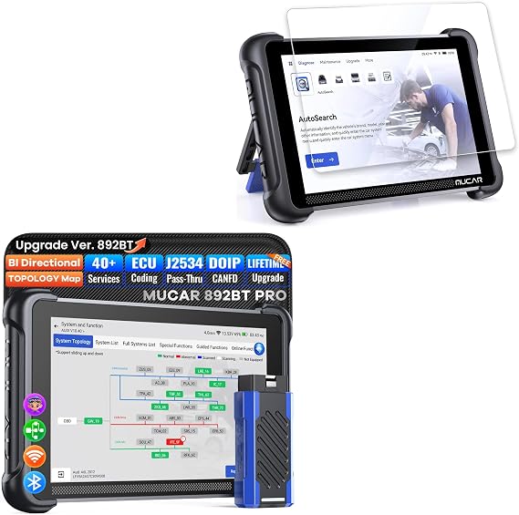 MUCAR 892BT PRO OBD2 Scanner and Tempered Glass Screen Protector, AI-Assisted Diagnostic Tool with Topology Mapping, J2534 Pass-Thru, 3000+ Active Test, ECU Coding, 40+ Services, Lifetime Update