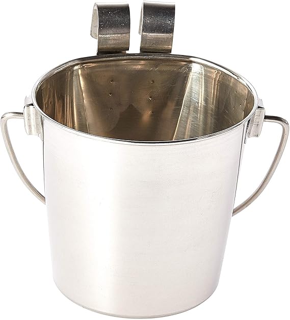 Indipets Heavy Duty Stainless Steel Flat Sided Pail with Hooks - 1 Quart - Lays Flat Against Dog Kennel, Crate or Fence