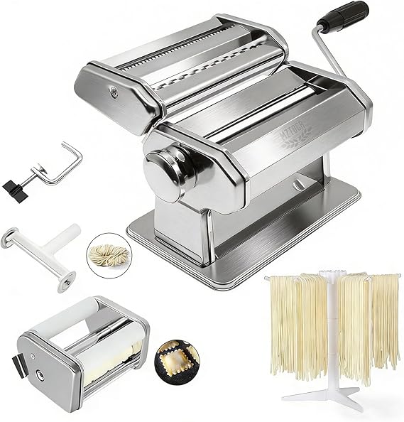 MZTOGR Pasta Maker Machine with 9 Adjustable Thickness Settings, 2 in 1 Noodle Maker Includes Pasta Cutter, Ravioli Maker Attachment & Pasta Drying Rack