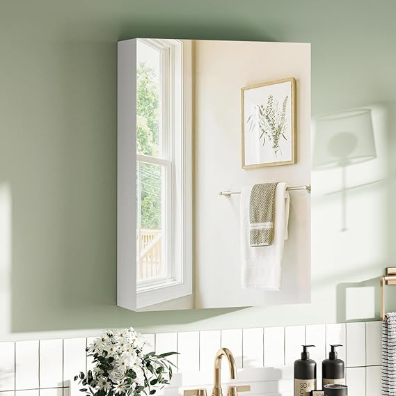 Bathroom Wall-Mounted Mirror Cabinet White, Small Single Mirrored Door Storage Cupboard, Adjustable Height Shelves Storage Unit (50 x 70 x 15 cm)