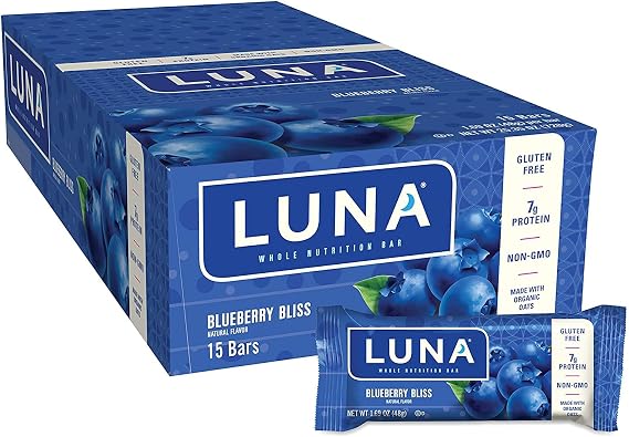 LUNA BAR - Gluten Free Snack Bars - Blueberry Bliss Flavor - 7g of protein - Non-GMO - Plant-Based Wholesome Snacking - On the Go Snacks (1.69 Ounce Snack Bars, 15 Count)
