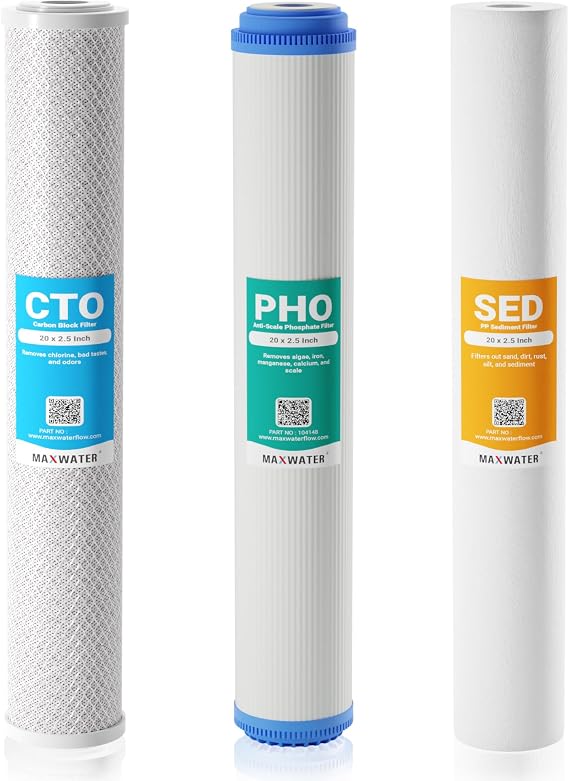 20" Slim Blue Whole House Whole House Anti Scale Filter Set - 20" x 2.5" Polypropylene Sediment, Phosphate Anti-Scale, CTO Carbon Block Water Filter pack, Total of 3 Filters