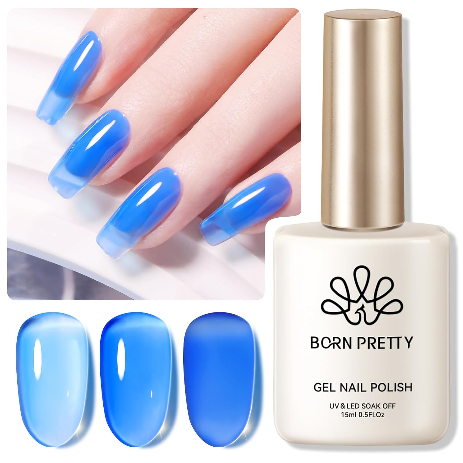 Born Pretty Hema-Free Ice Jelly Royal Blue Gel Nail Polish Sheer Transparent Blue Natural Translucent Soak Off Gel Polish U V Light Cure for Nail Art DIY 15ML