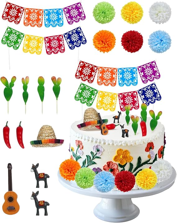 Mexican Fiesta Cake Topper Decoration, Mini Papel Picado Banner, Flowers, Cactus, Chilies, Sombrero, Donkeys and Guitar for Cinco De Mayo Themed Parties