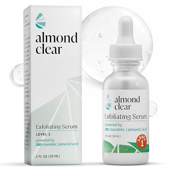 Almond Clear Mandelic Acid Face & Body Clearing Serum, Level 1- for acne, folliculitis, aging skin, ingrown hairs, dark spots - face, chest, butt, back, thighs, arms - 1 fl oz